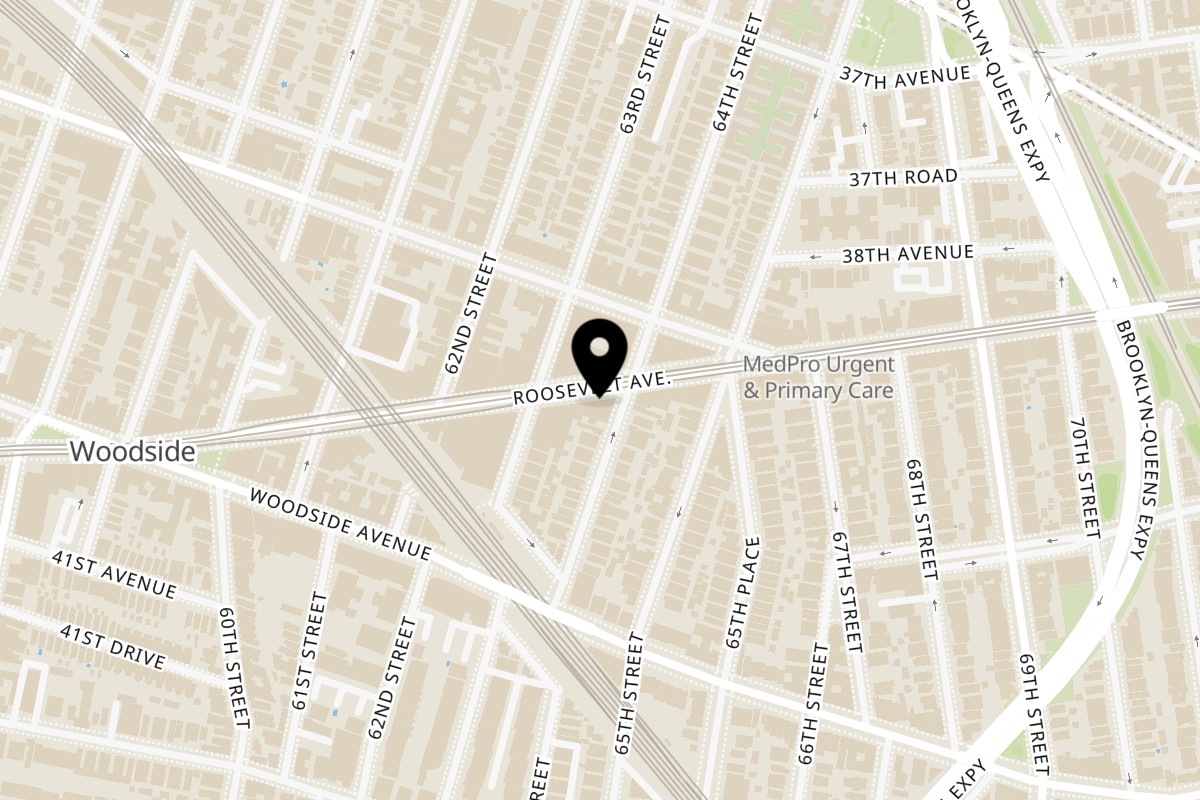 Map showing the location of Three Bowls Ramen on 63-28 Roosevelt Ave in Woodside